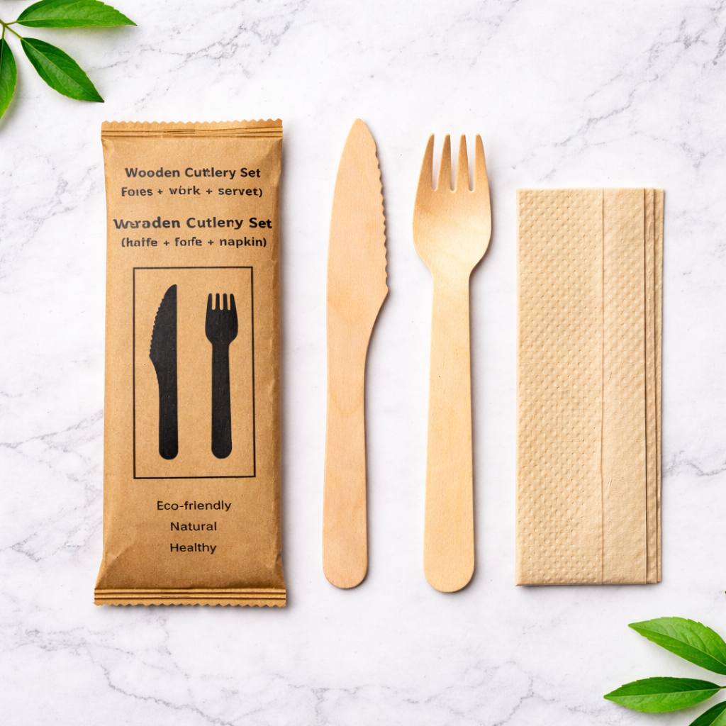 Holzbesteck-Set Messer, Gabel + Serviette 250 Stück