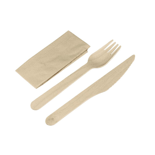 Holzbesteck-Set Messer, Gabel + Serviette 250 Stück