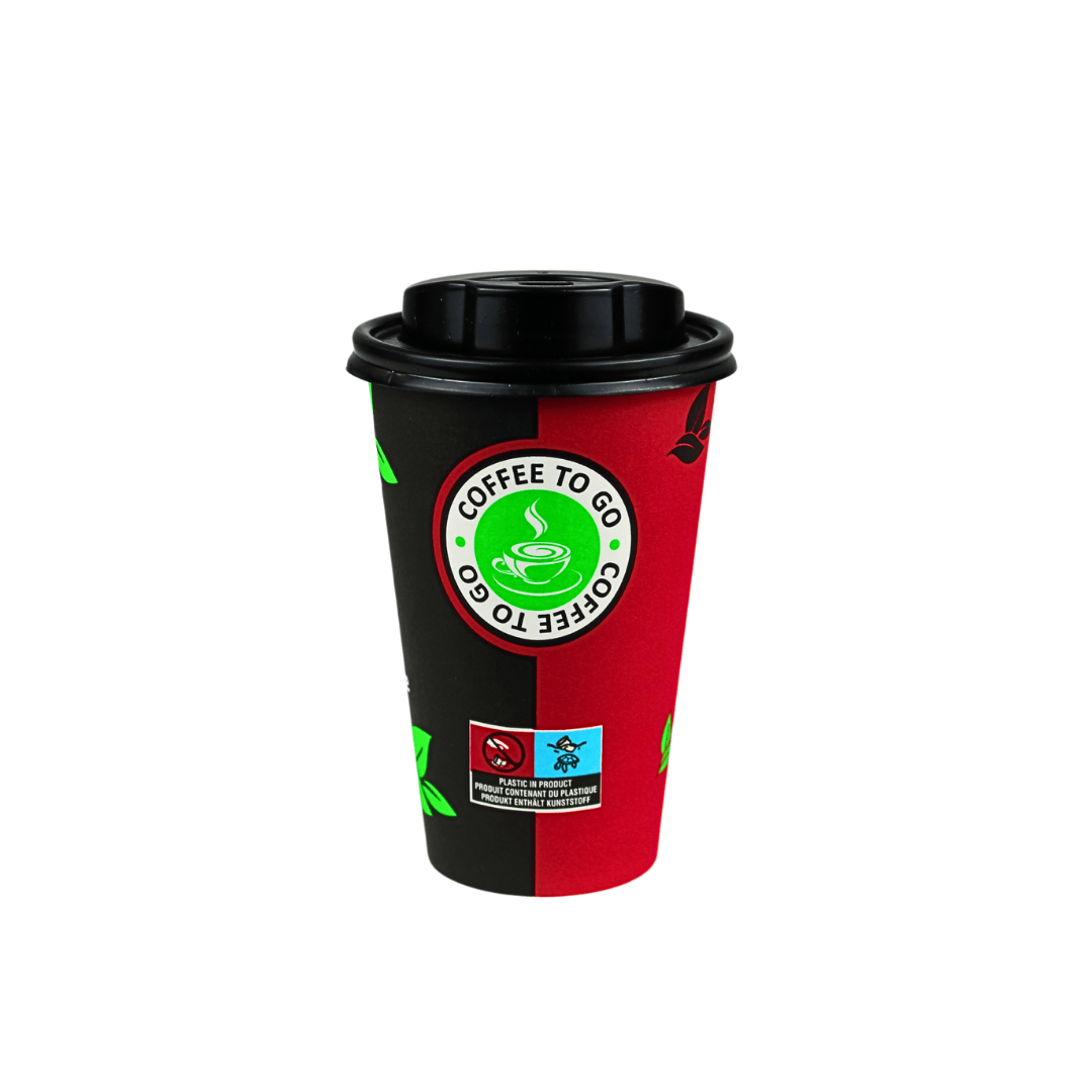 Einweg Kaffeebecher 300 ml / 12 oz – Schwarz/Rot, Papier – 100–1000 Stück | optional mit Deckel Weiß oder Schwarz