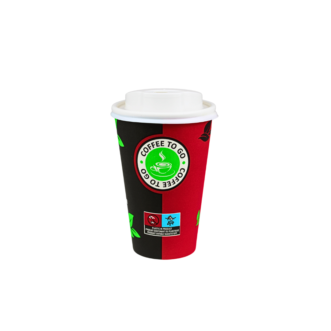 Einweg Kaffeebecher 300 ml / 12 oz – Schwarz/Rot, Papier – 100–1000 Stück | optional mit Deckel Weiß oder Schwarz