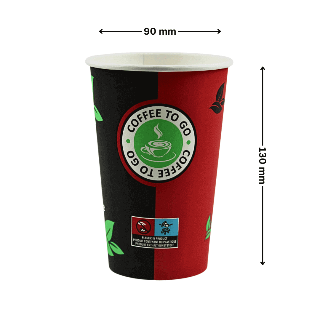 Einweg Kaffeebecher 400ml / 16oz schwarz/rot