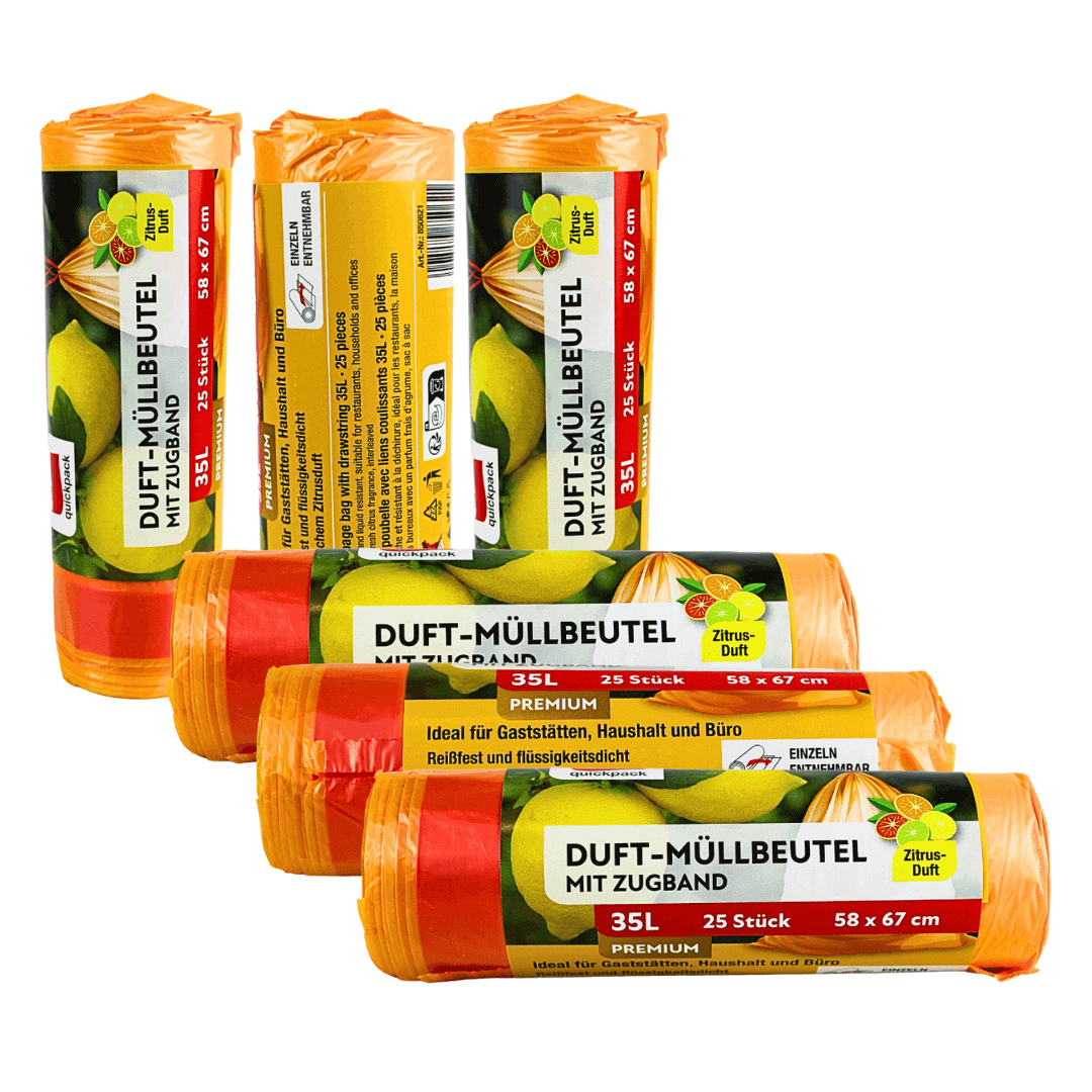 Müllbeutel 35L orange mit Zugband (Zitrus-Duft)
