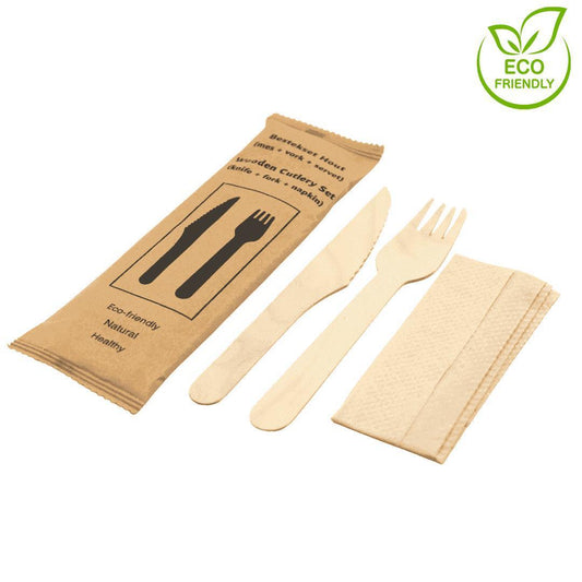 Holzbesteck-Set Messer, Gabel + Serviette 250 Stück